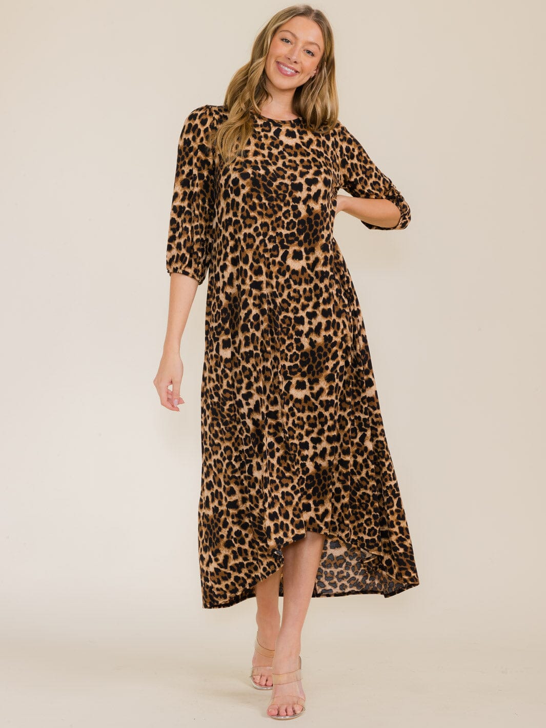 WOMEN'S 3/4 SLEEVE FRONT POCKETS ANIMAL PRINT HIGH-LOW MAXI DRESS