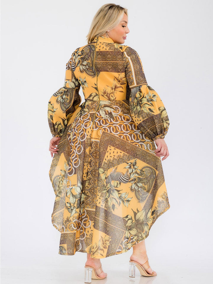 PLUS SIZE LONG BALLON SLEEVE HIGH-LOW RUFFLE MULTI PRINT MINI DRESS