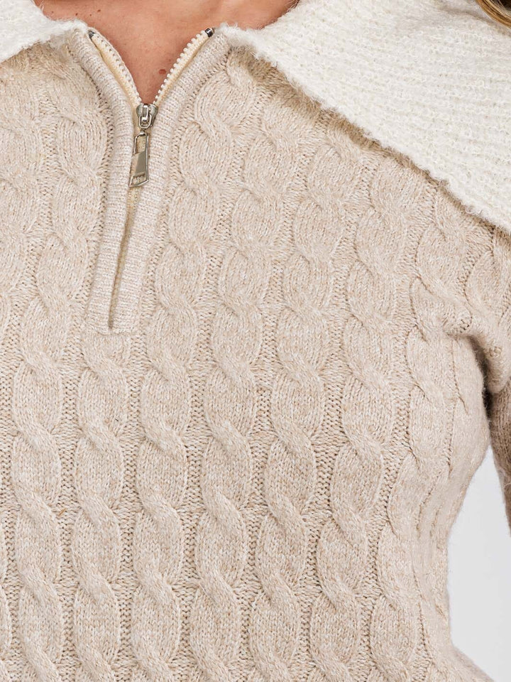 WOMEN'S LONG SLEEVE ZIP UP CABLE KNIT PULLOVER SWEATER