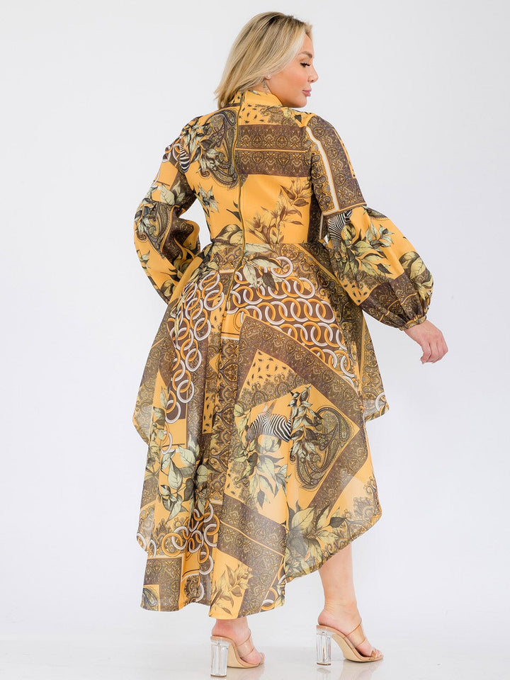 PLUS SIZE LONG BALLON SLEEVE HIGH-LOW RUFFLE MULTI PRINT MINI DRESS