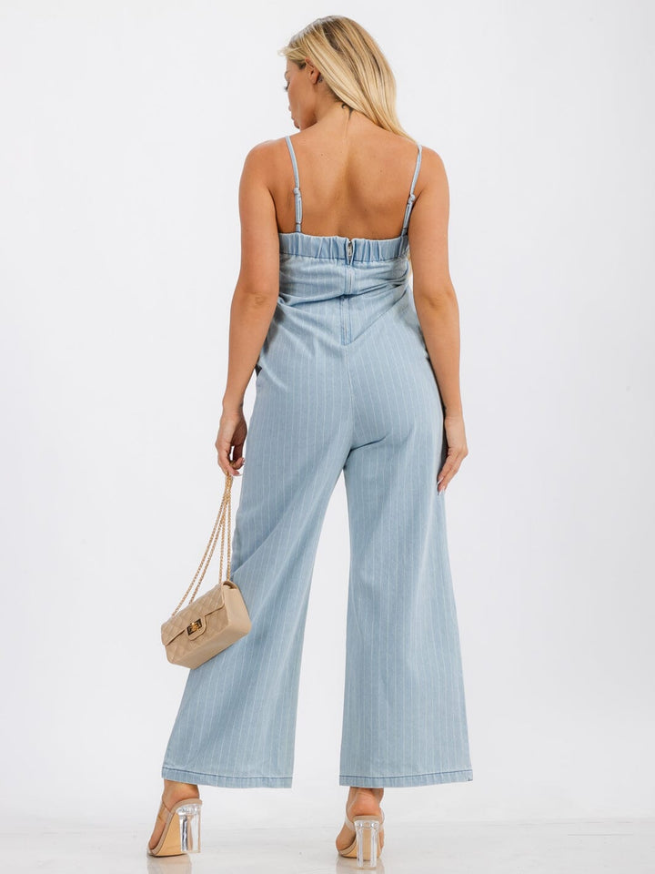 WOMENS' SLEEVELESS FRONT POCKETS STRIPES WIDE LEG DENIM JUMPSUIT