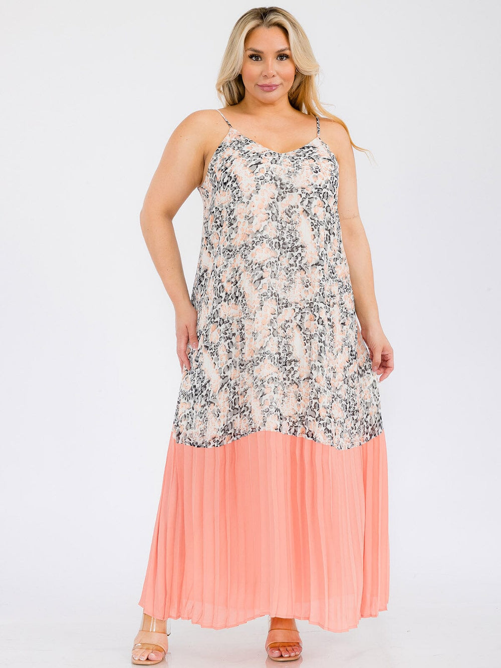 PLUS SIZE SLEEVELESS MULTI PRINT PLEATED TUNIC MAXI DRESS