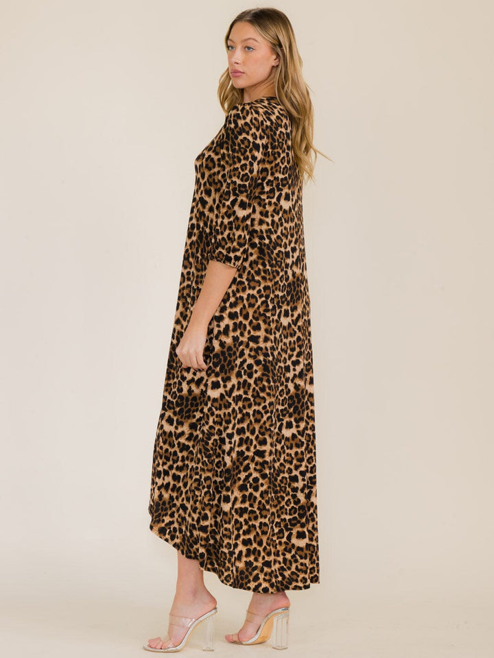 WOMEN'S 3/4 SLEEVE FRONT POCKETS ANIMAL PRINT HIGH-LOW MAXI DRESS