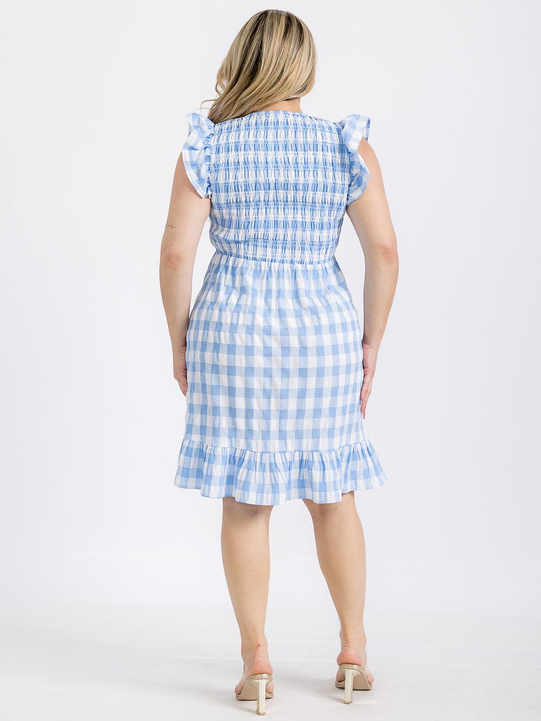 PLUS SIZE RUFFLE SLEEVE V-NECK SMOCK PLAID MINI DRESS