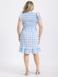 PLUS SIZE RUFFLE SLEEVE V-NECK SMOCK PLAID MINI DRESS