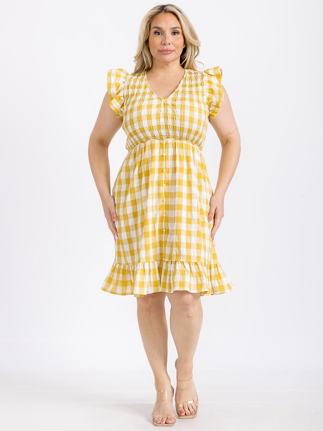 PLUS SIZE RUFFLE SLEEVE V-NECK SMOCK PLAID MINI DRESS