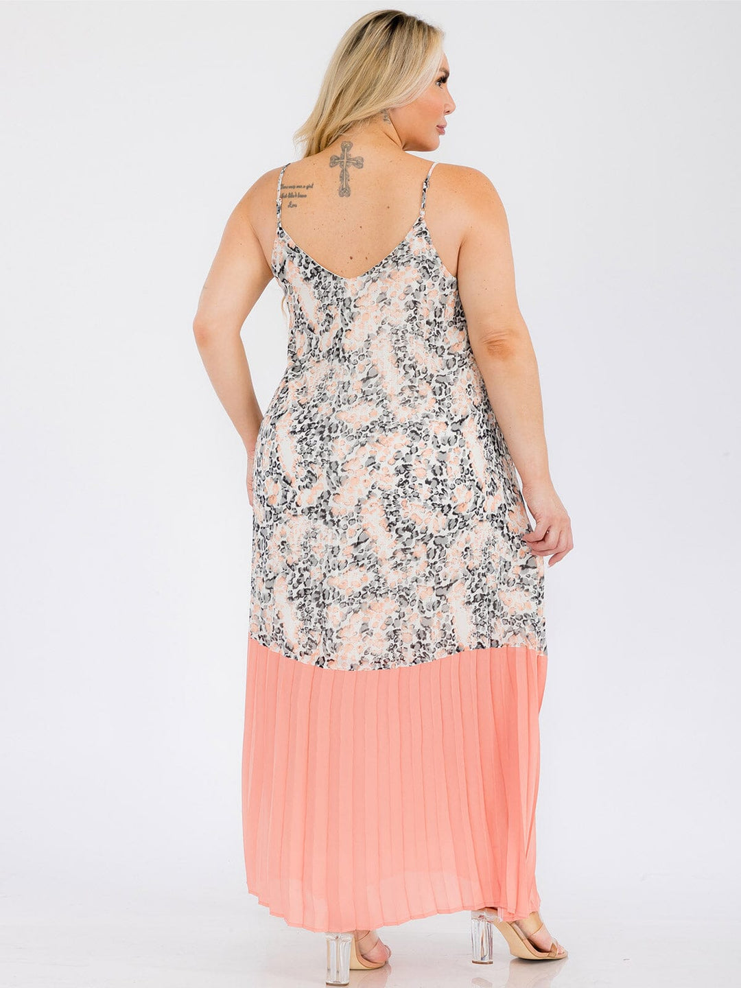 PLUS SIZE SLEEVELESS MULTI PRINT PLEATED TUNIC MAXI DRESS