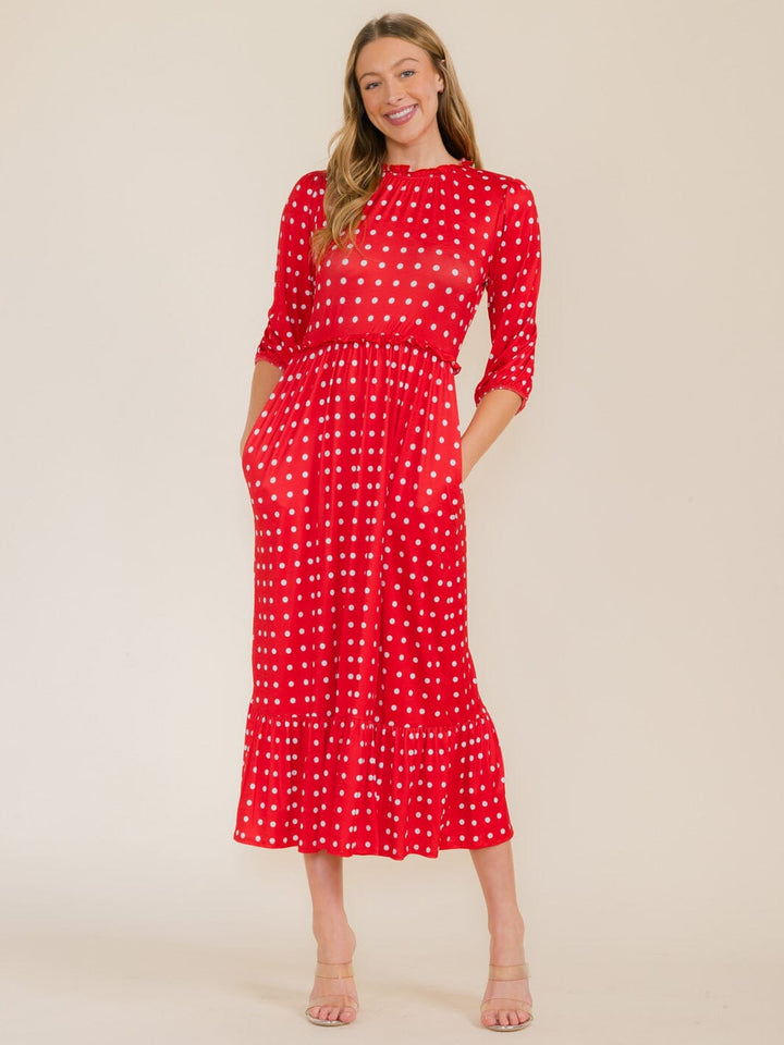 WOMEN'S 3/4 SLEEVE FRONT POCKETS POLKA DOTS MAXI DRESS