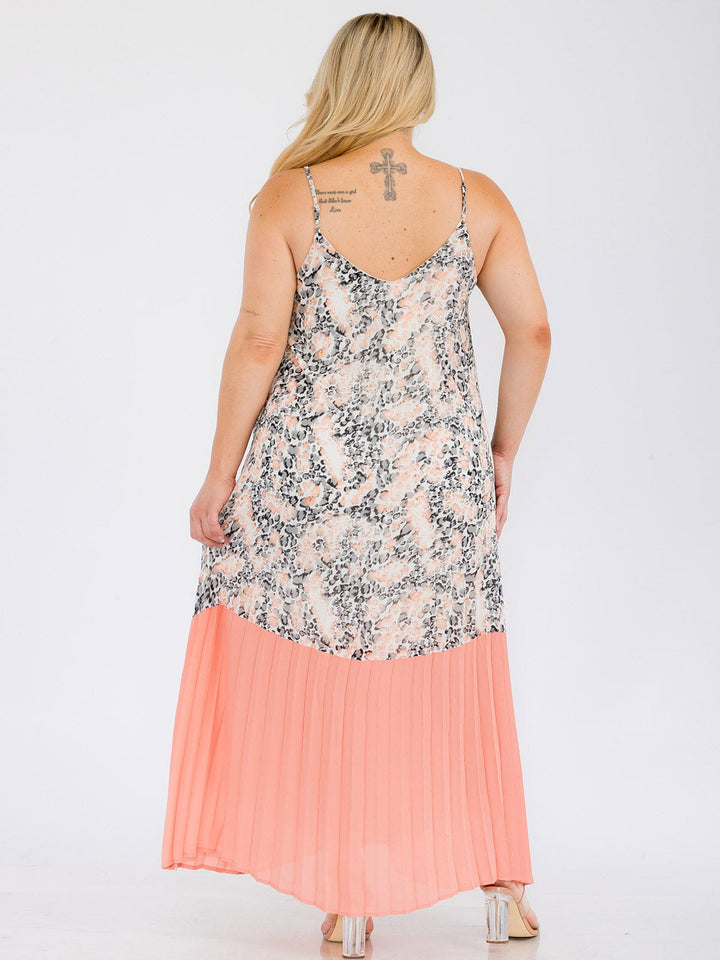 PLUS SIZE SLEEVELESS MULTI PRINT PLEATED TUNIC MAXI DRESS