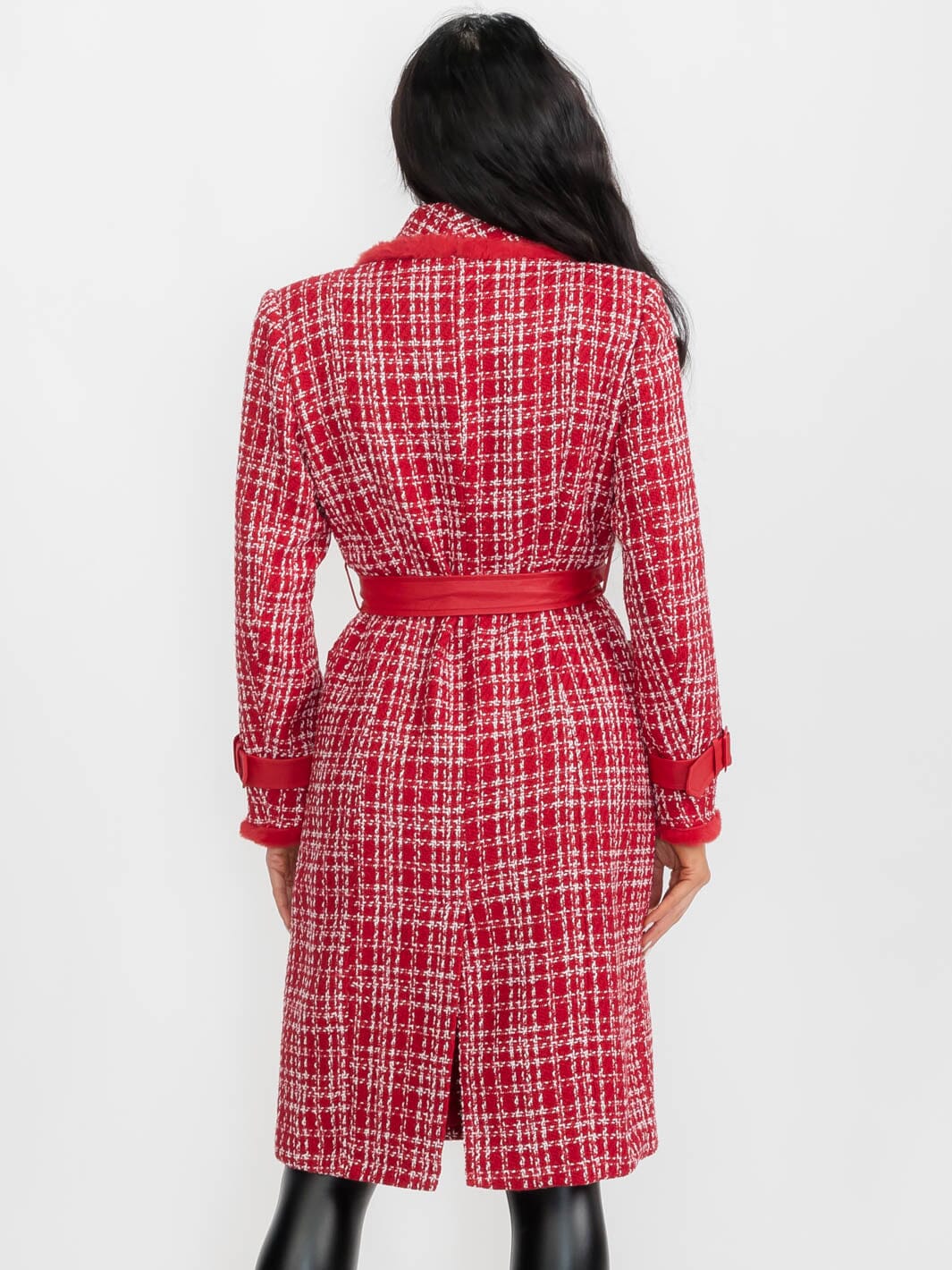 WOMEN'S LONG SLEEVE BUTTON CLOSURE FRONT POCKETS PLAID TWEED COAT