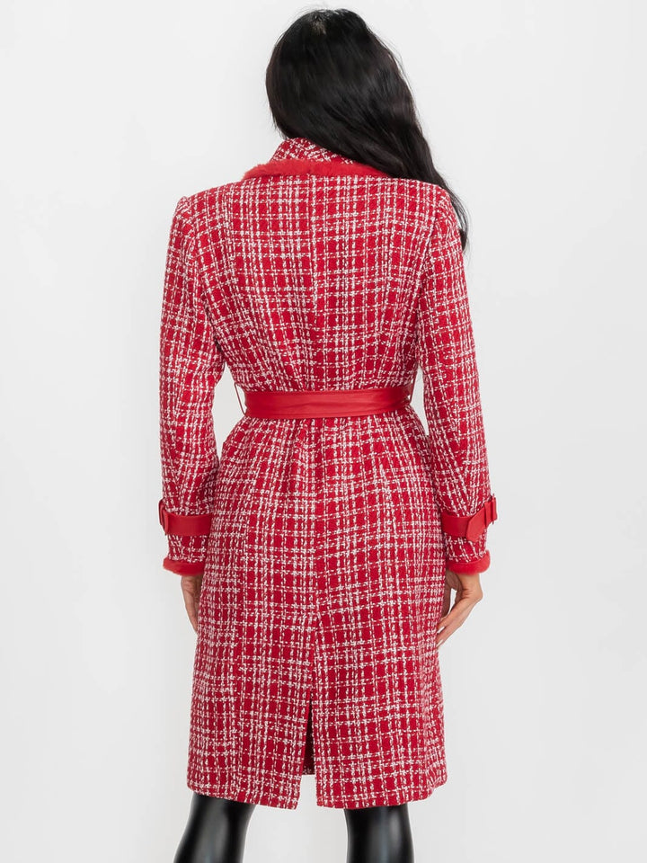 WOMEN'S LONG SLEEVE BUTTON CLOSURE FRONT POCKETS PLAID TWEED COAT