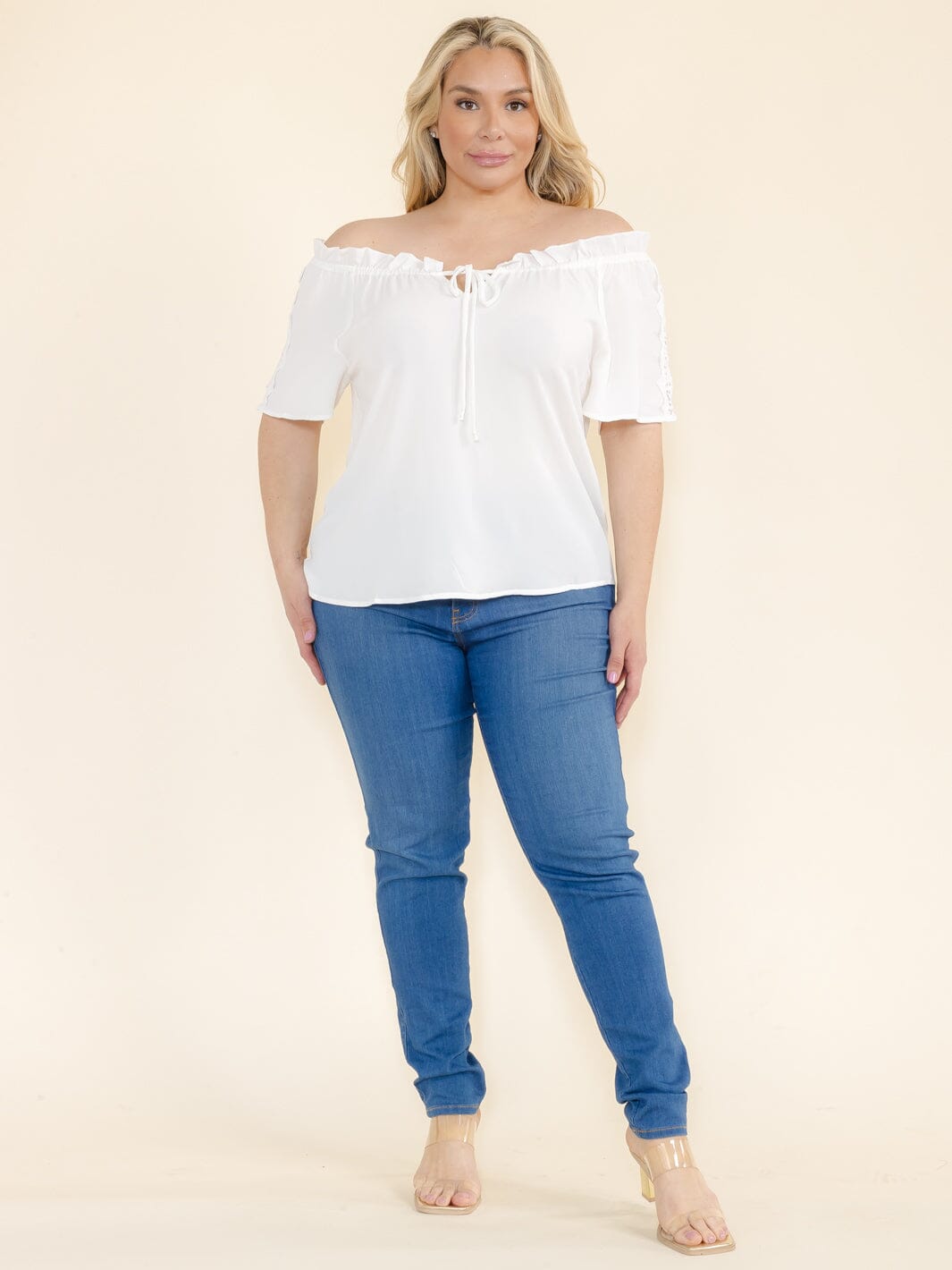 PLUS SIZE SHORT SLEEVE LACE OFF SHOULDER BLOUSE
