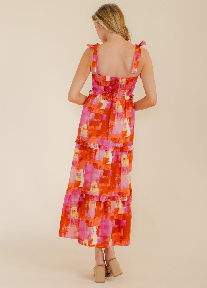 WOMEN'S SLEEVELESS SMOCK TIERED POCKETS MULTI PRINT MAXI DRESS