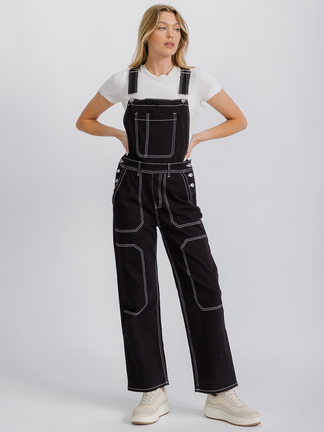 WOMEN'S BUTTON CLOSURE POCKETS WIDE LEG DENIM OVERALL