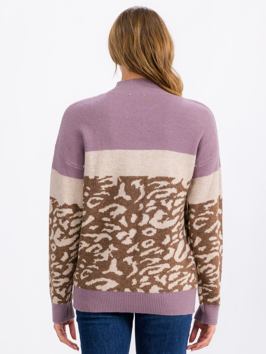 WOMEN'S LONG SLEEVE COLORBLOCK ANIMAL PRINT DETAILED PULLOVER SWEATER