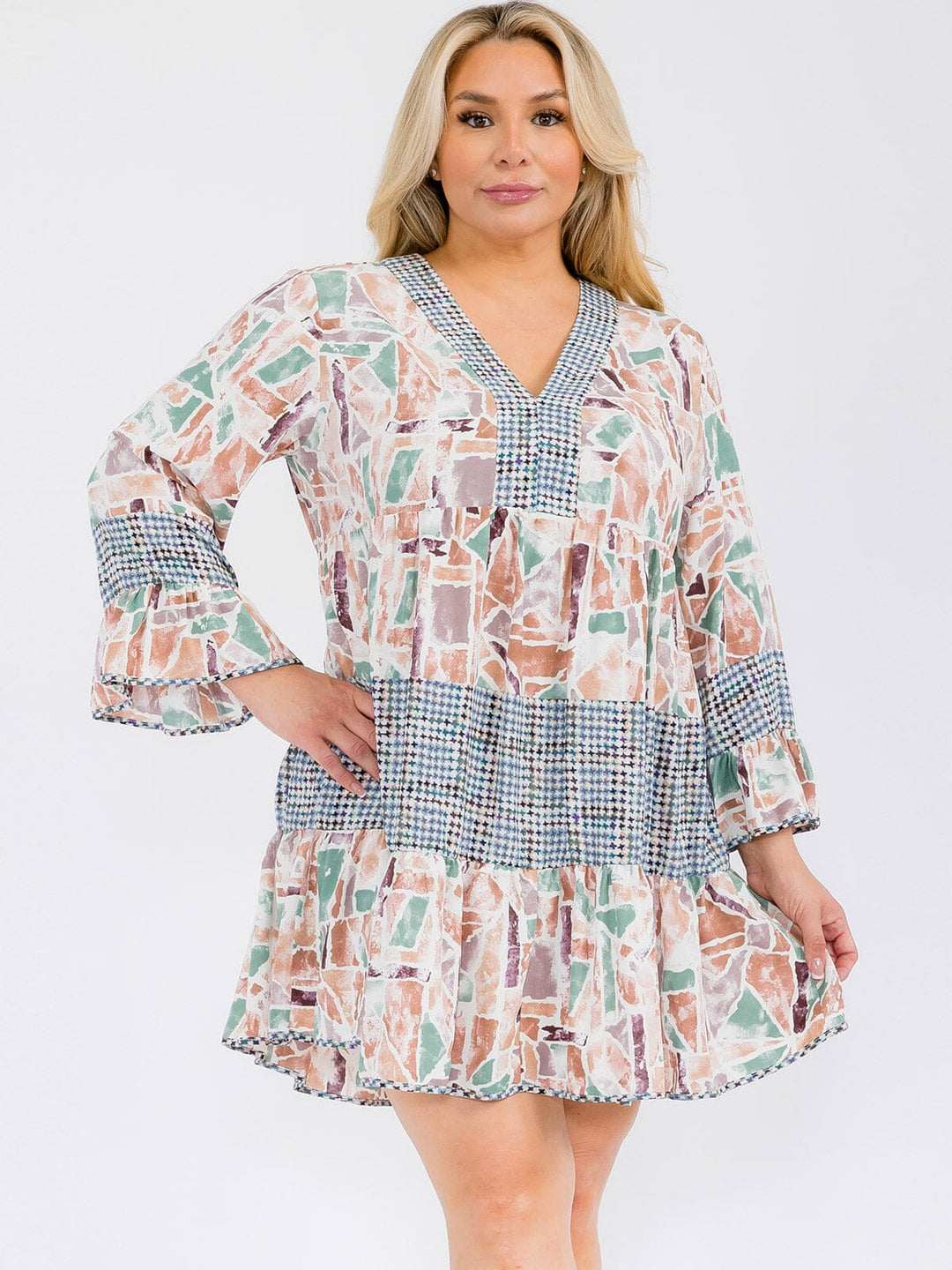 PLUS SIZE LONG SLEEVE MULTI PRINT TUNIC MINI DRESS