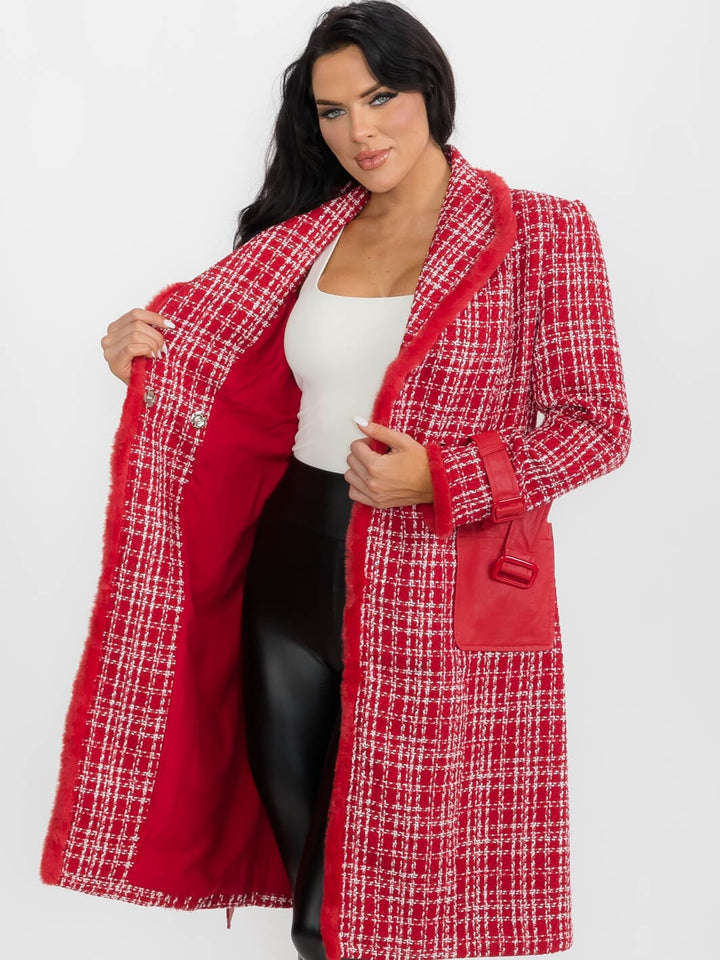 WOMEN'S LONG SLEEVE BUTTON CLOSURE FRONT POCKETS PLAID TWEED COAT