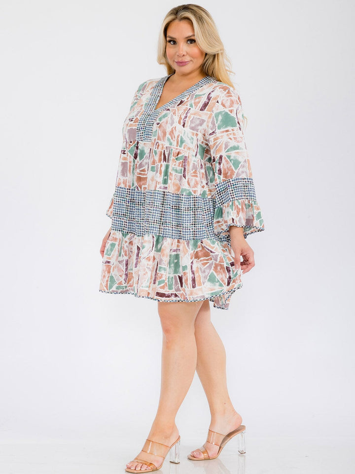 PLUS SIZE LONG SLEEVE MULTI PRINT TUNIC MINI DRESS