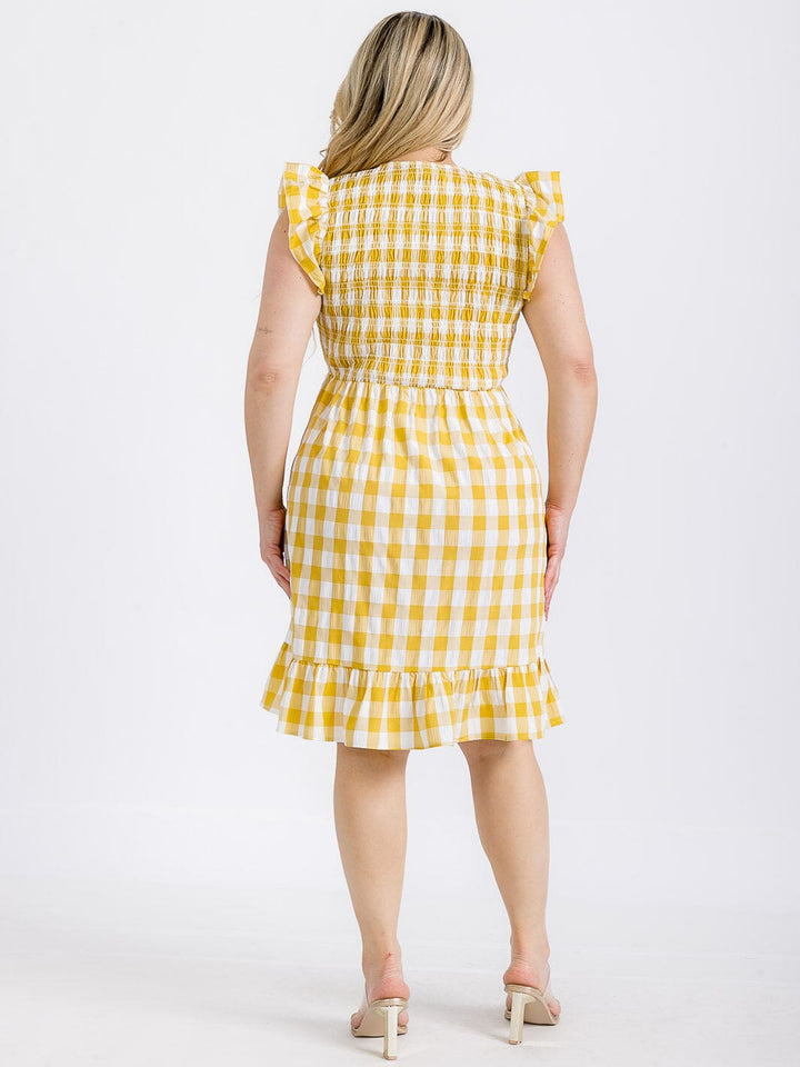 PLUS SIZE RUFFLE SLEEVE V-NECK SMOCK PLAID MINI DRESS