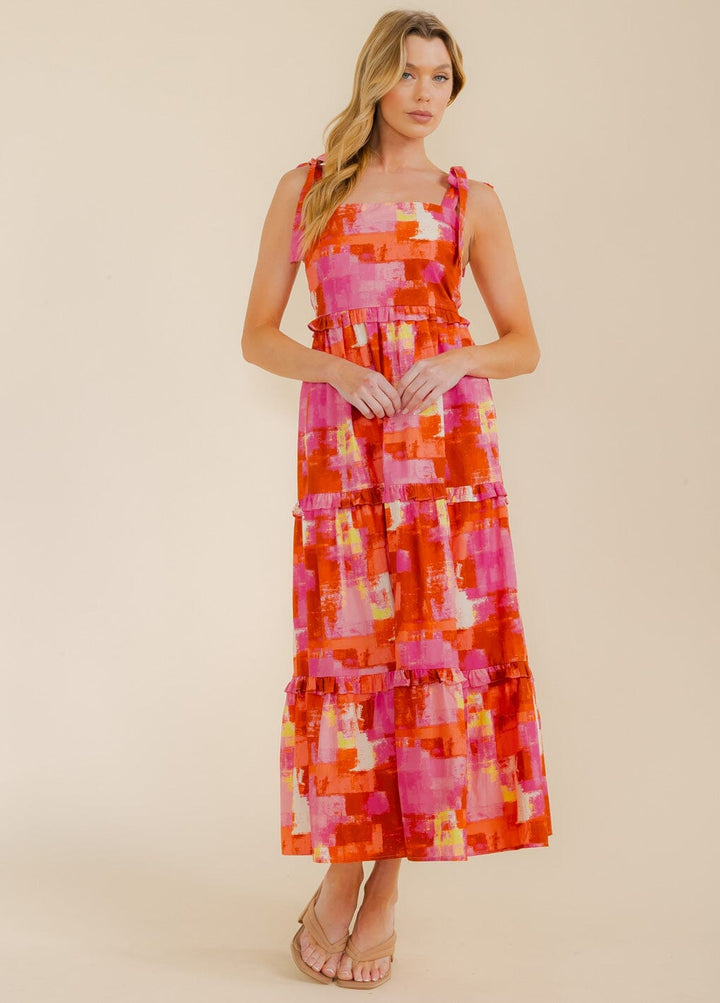 WOMEN'S SLEEVELESS SMOCK TIERED POCKETS MULTI PRINT MAXI DRESS