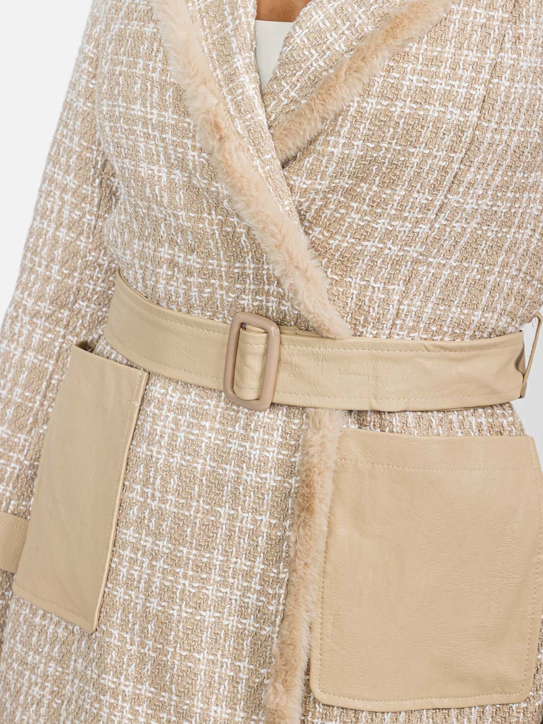 WOMEN'S LONG SLEEVE BUTTON CLOSURE FRONT POCKETS PLAID TWEED COAT