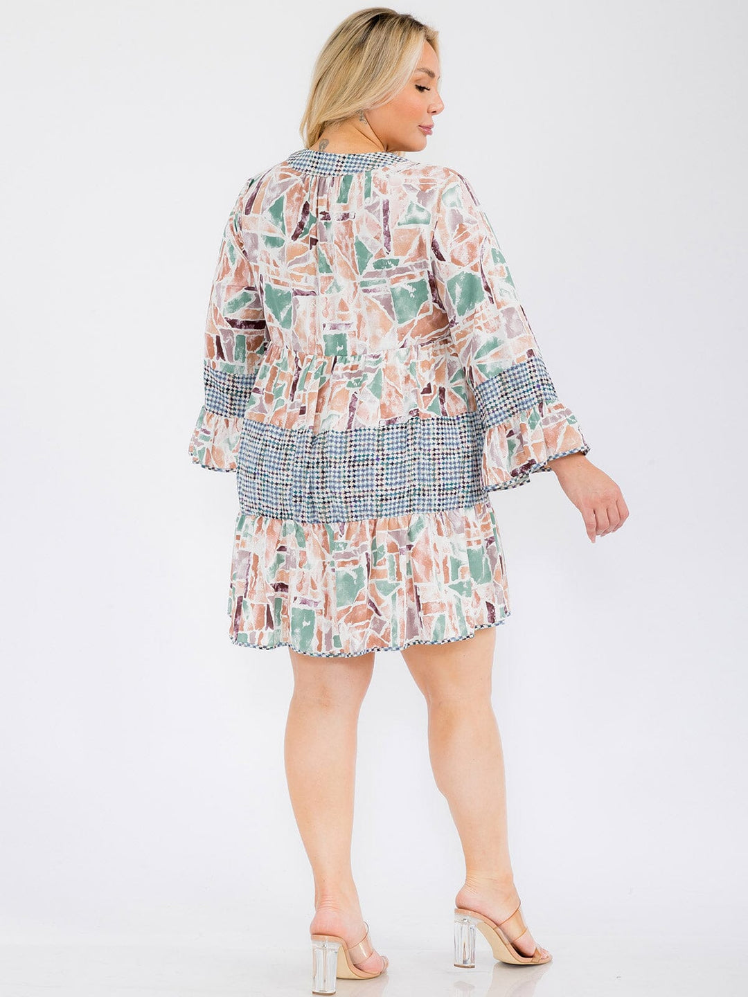 PLUS SIZE LONG SLEEVE MULTI PRINT TUNIC MINI DRESS