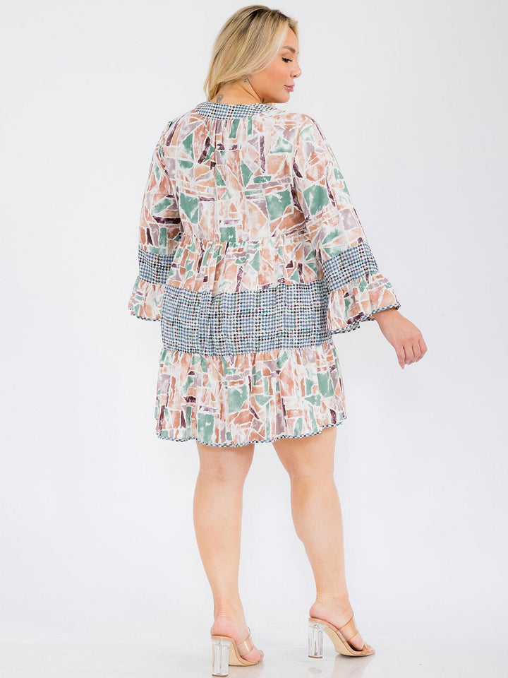 PLUS SIZE LONG SLEEVE MULTI PRINT TUNIC MINI DRESS