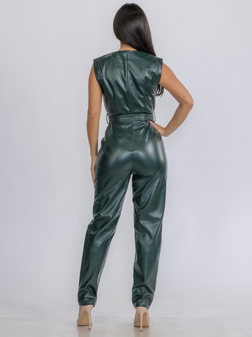 WOMEN'S SLEEVELESS V-NECL SELF TIE POCKETS SKINNY LEG PU PLEATHER JUMPSUIT