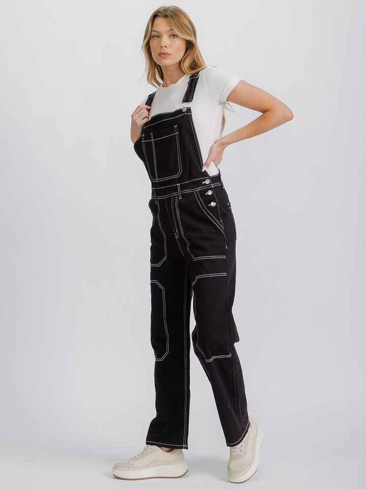 WOMEN'S BUTTON CLOSURE POCKETS WIDE LEG DENIM OVERALL