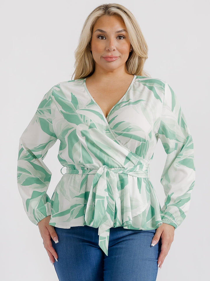 PLUS SIZE LONG SLEEVES SURPLICE SELF TIE MULTI PRINT BLOUSE