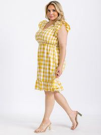 PLUS SIZE RUFFLE SLEEVE V-NECK SMOCK PLAID MINI DRESS