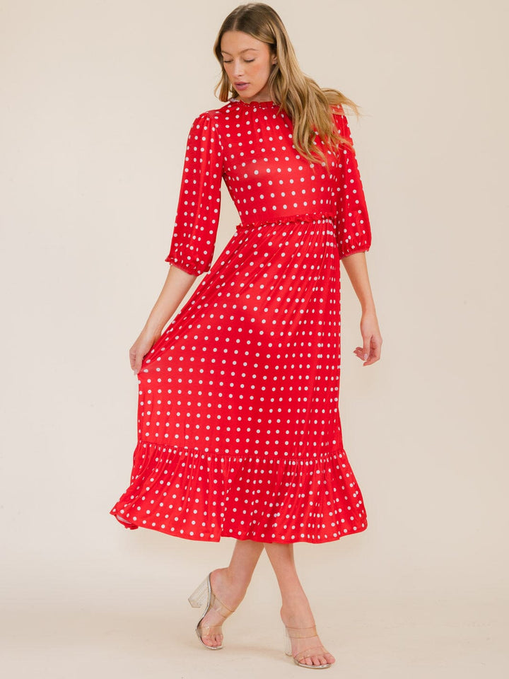WOMEN'S 3/4 SLEEVE FRONT POCKETS POLKA DOTS MAXI DRESS