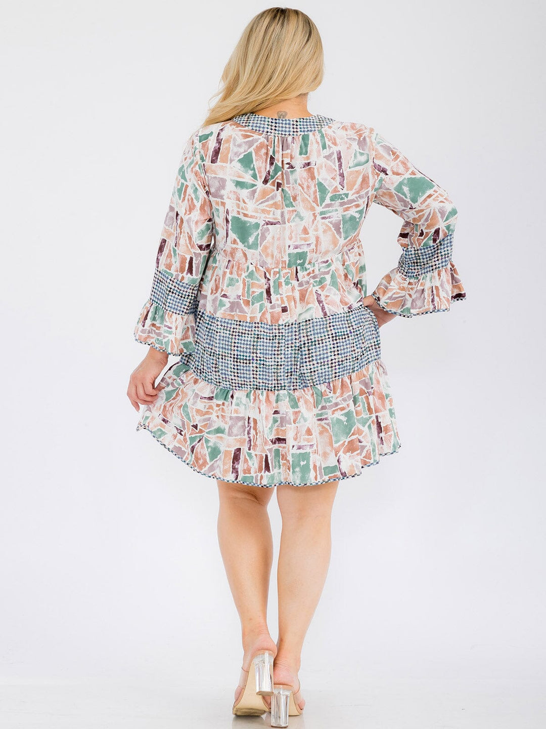 PLUS SIZE LONG SLEEVE MULTI PRINT TUNIC MINI DRESS