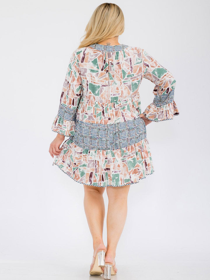 PLUS SIZE LONG SLEEVE MULTI PRINT TUNIC MINI DRESS