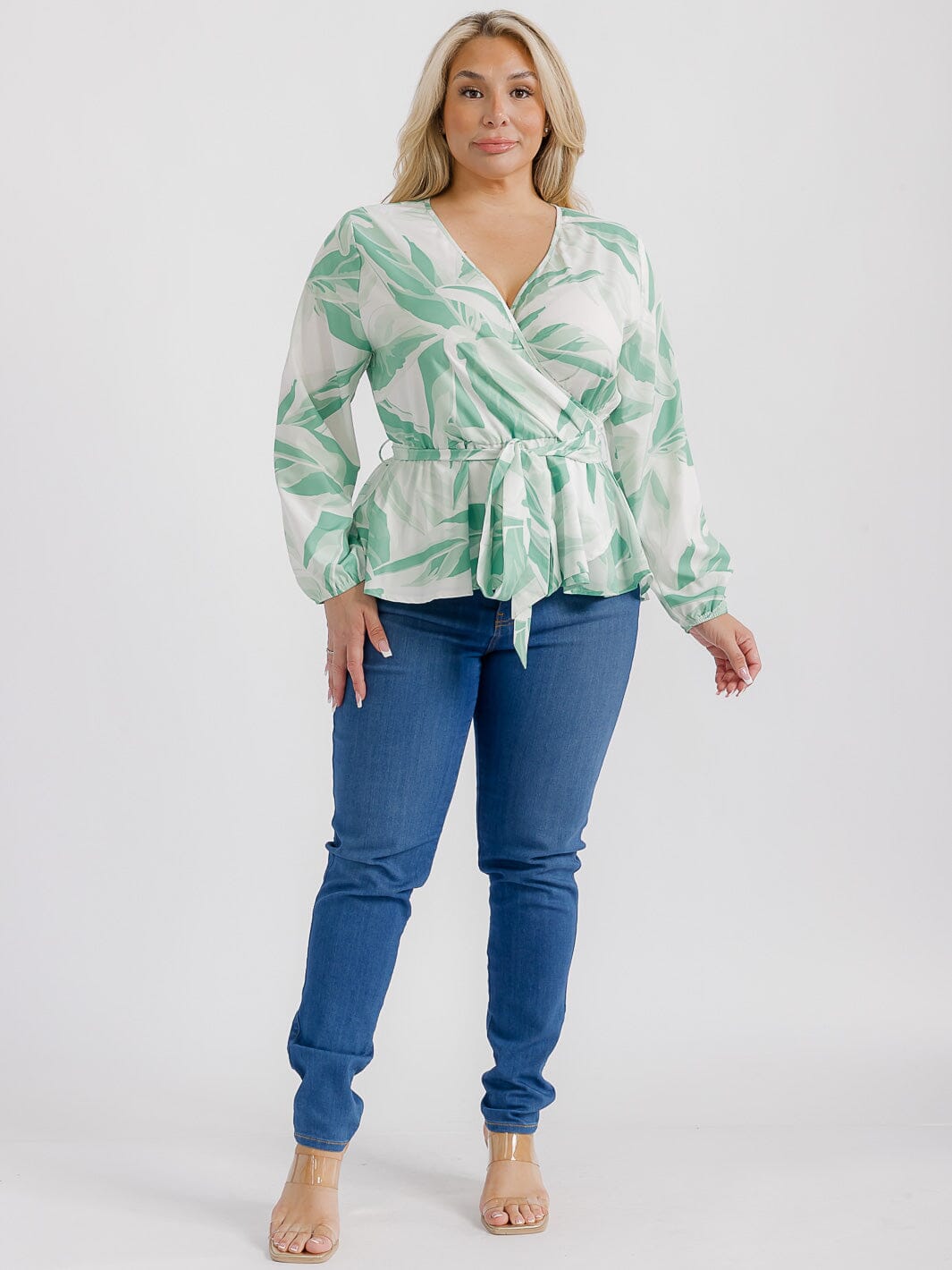 PLUS SIZE LONG SLEEVES SURPLICE SELF TIE MULTI PRINT BLOUSE