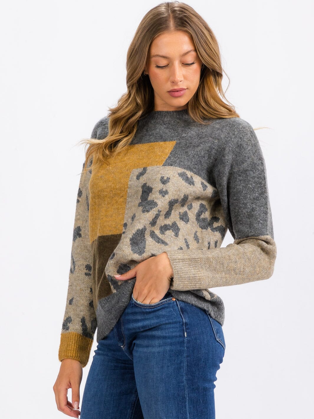 WOMEN'S LONG SLEEVE COLORBLOCK ANIMAL PRINT PULLOVER SWEATER