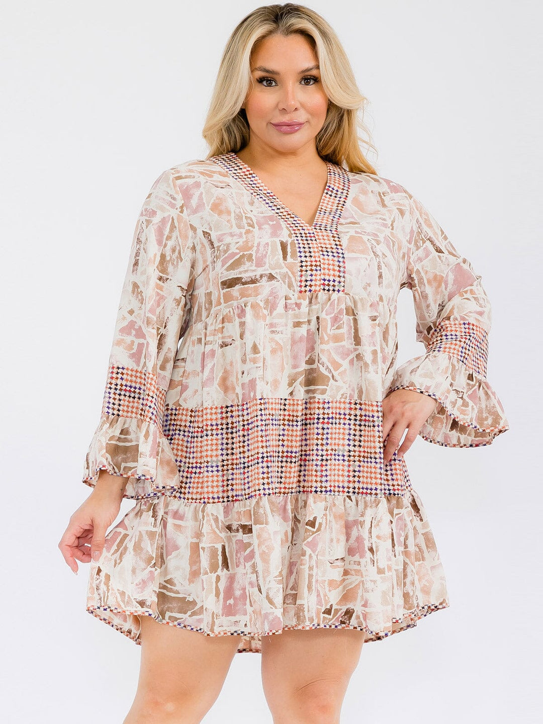 PLUS SIZE LONG SLEEVE MULTI PRINT TUNIC MINI DRESS