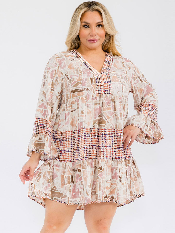 PLUS SIZE LONG SLEEVE MULTI PRINT TUNIC MINI DRESS