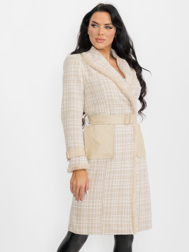 WOMEN'S LONG SLEEVE BUTTON CLOSURE FRONT POCKETS PLAID TWEED COAT