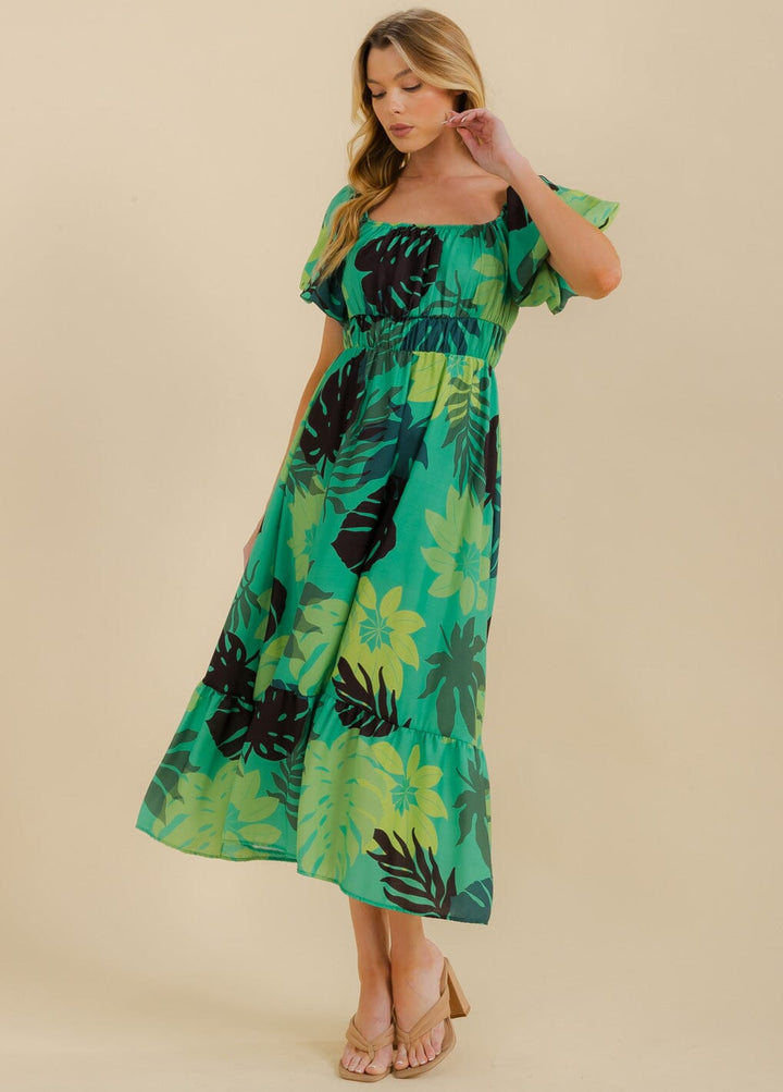 WOMEN'S SHORT PUFF SLEEVE TIERED ELASTIC WAIST LEAF PRINT MAXI DRESS