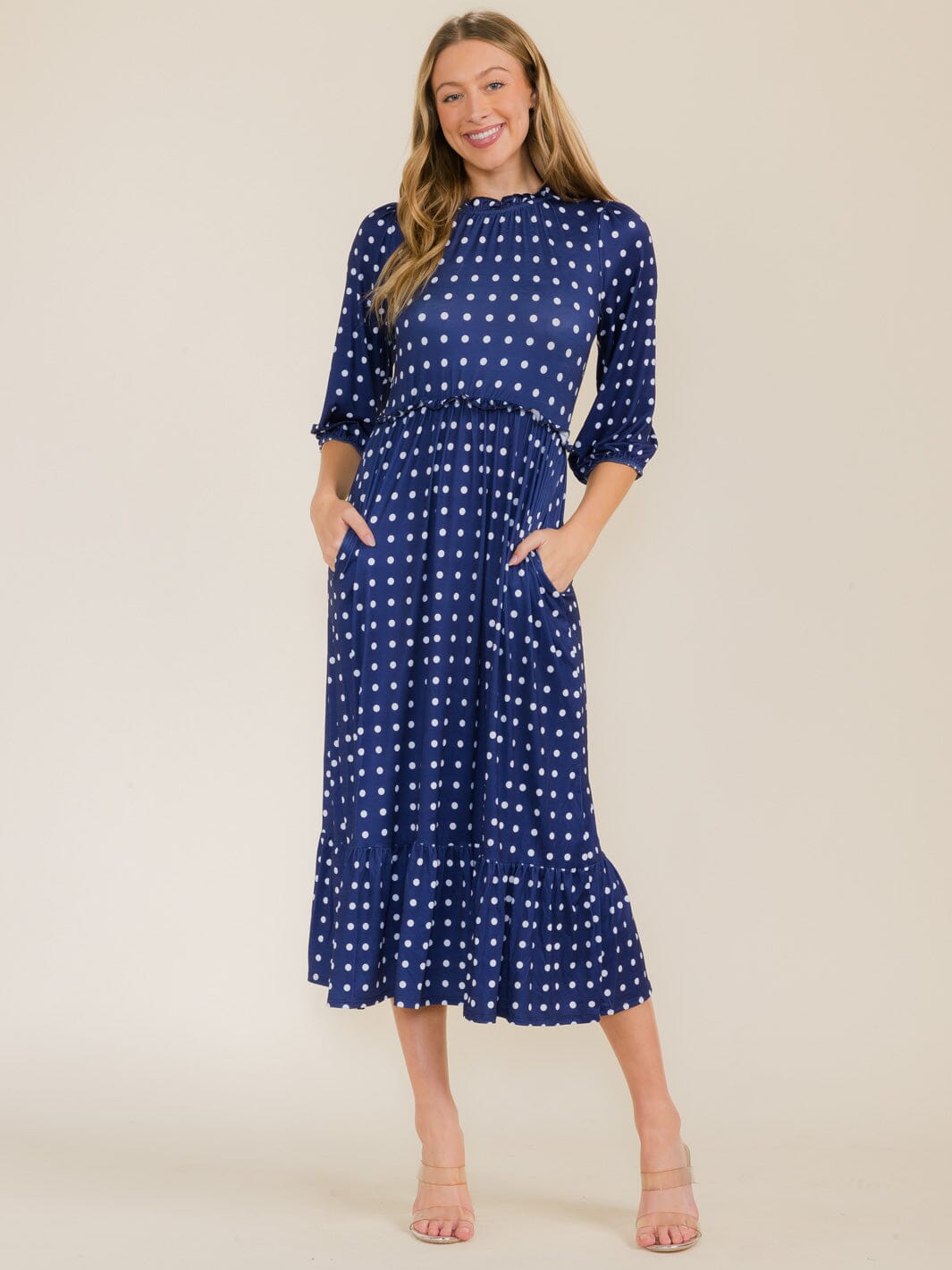 WOMEN'S 3/4 SLEEVE FRONT POCKETS POLKA DOTS MAXI DRESS