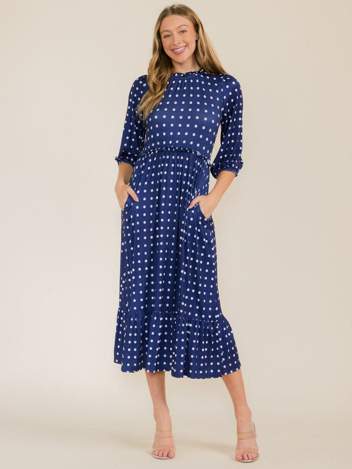 WOMEN'S 3/4 SLEEVE FRONT POCKETS POLKA DOTS MAXI DRESS