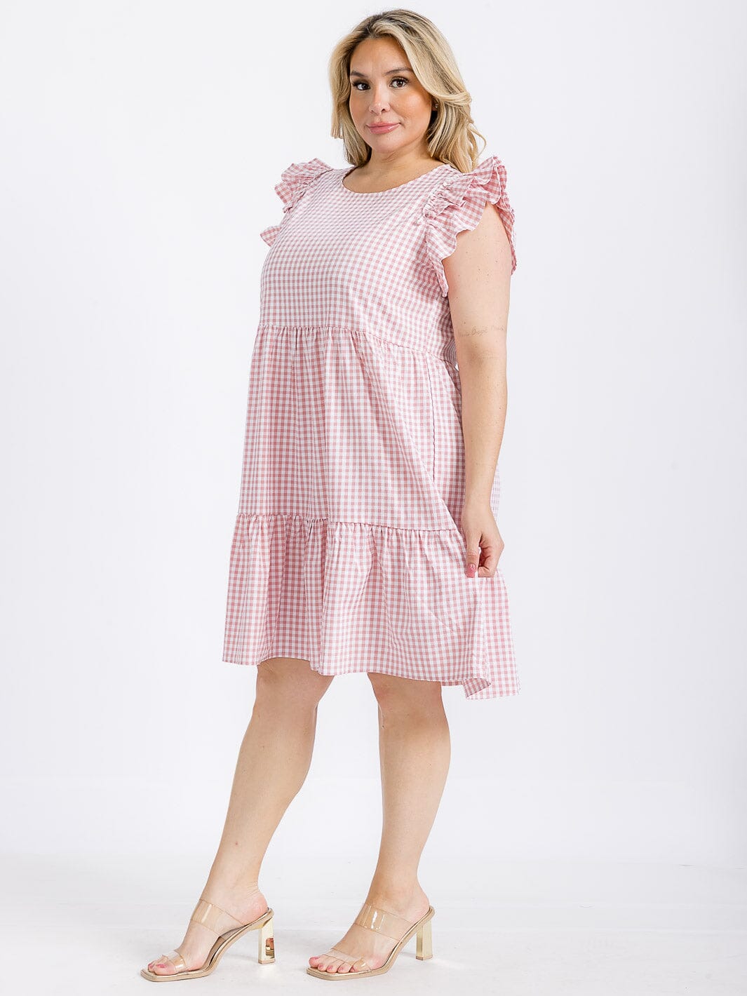 PLUS SIZE RUFFLE SLEEVE TIERED TUNIC PLAID MINI DRESS