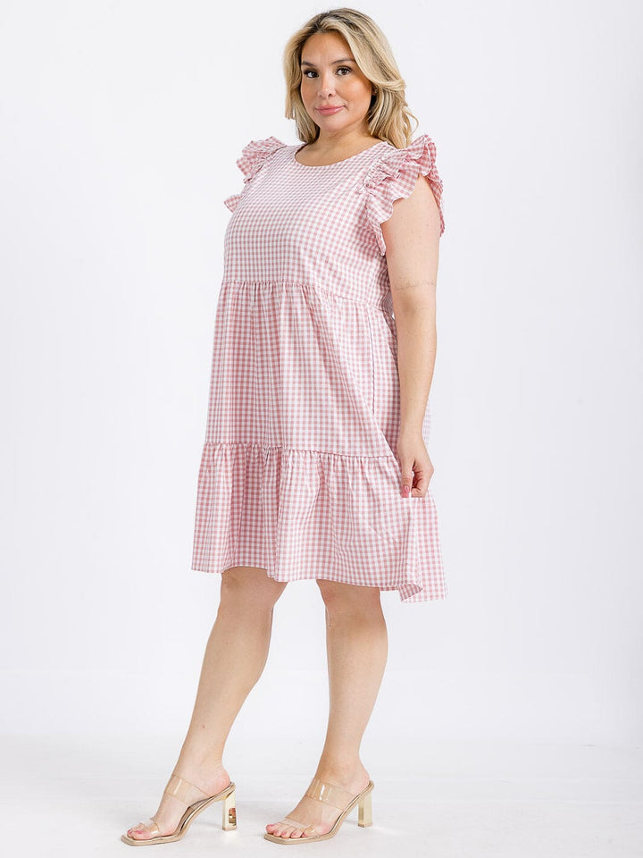 PLUS SIZE RUFFLE SLEEVE TIERED TUNIC PLAID MINI DRESS