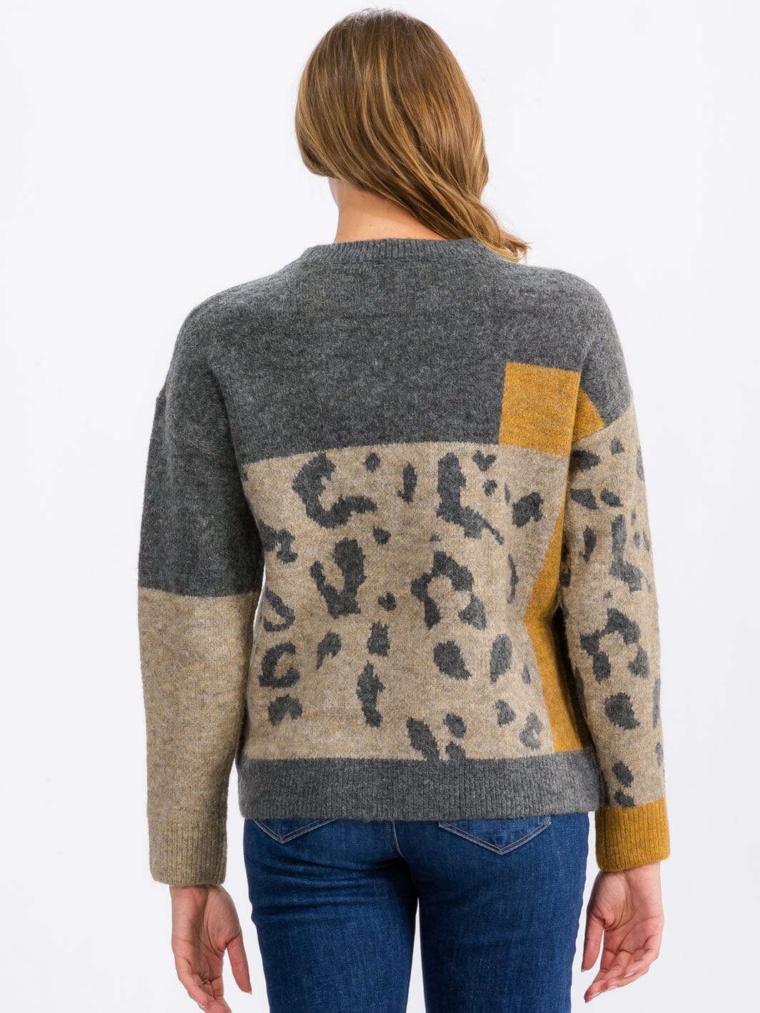 WOMEN'S LONG SLEEVE COLORBLOCK ANIMAL PRINT PULLOVER SWEATER