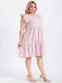 PLUS SIZE RUFFLE SLEEVE TIERED TUNIC PLAID MINI DRESS