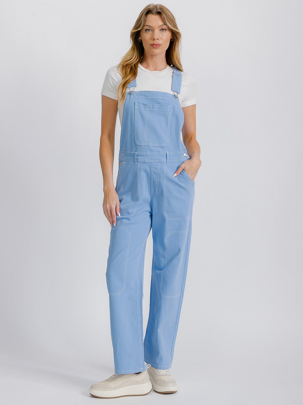 WOMEN'S BUTTON CLOSURE POCKETS WIDE LEG DENIM OVERALL