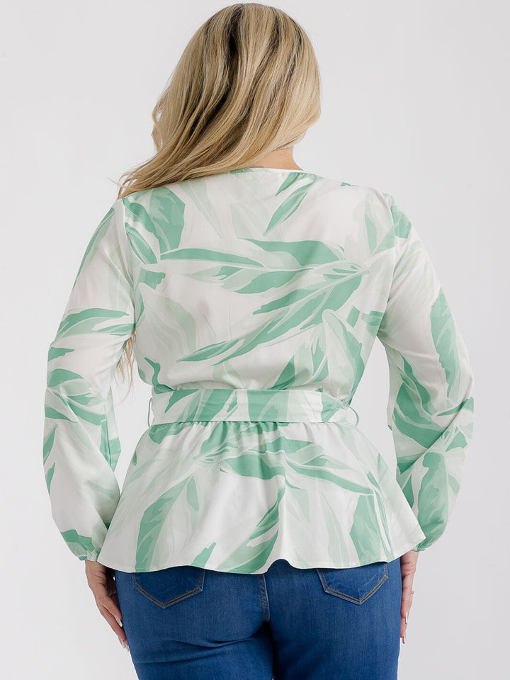 PLUS SIZE LONG SLEEVES SURPLICE SELF TIE MULTI PRINT BLOUSE