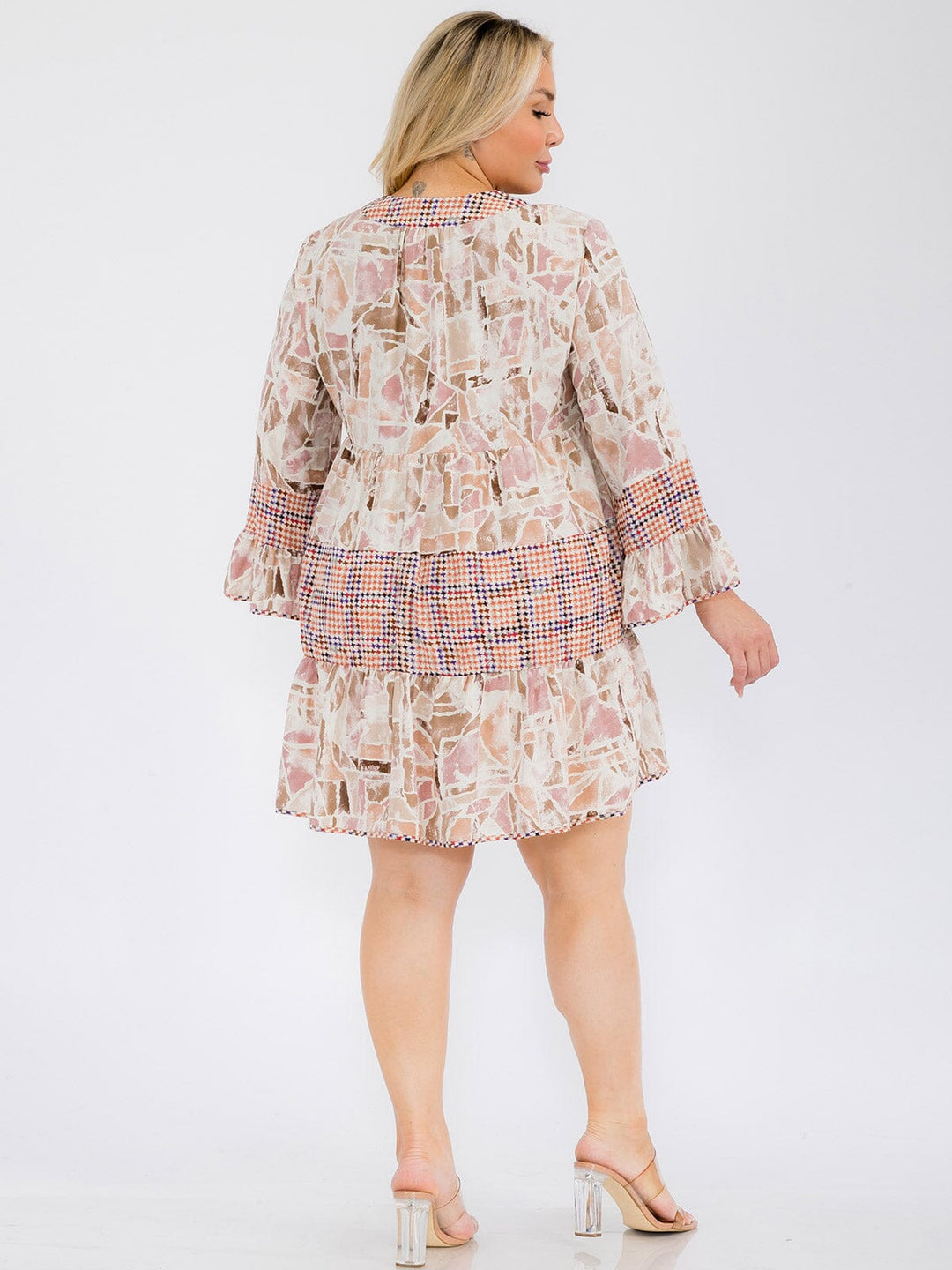 PLUS SIZE LONG SLEEVE MULTI PRINT TUNIC MINI DRESS