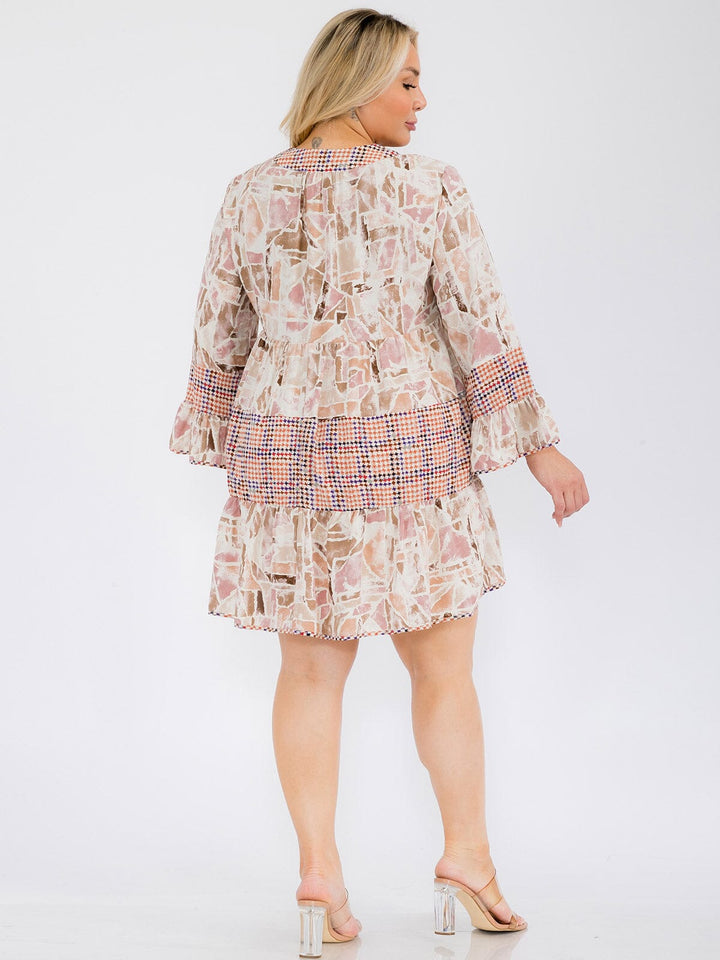 PLUS SIZE LONG SLEEVE MULTI PRINT TUNIC MINI DRESS